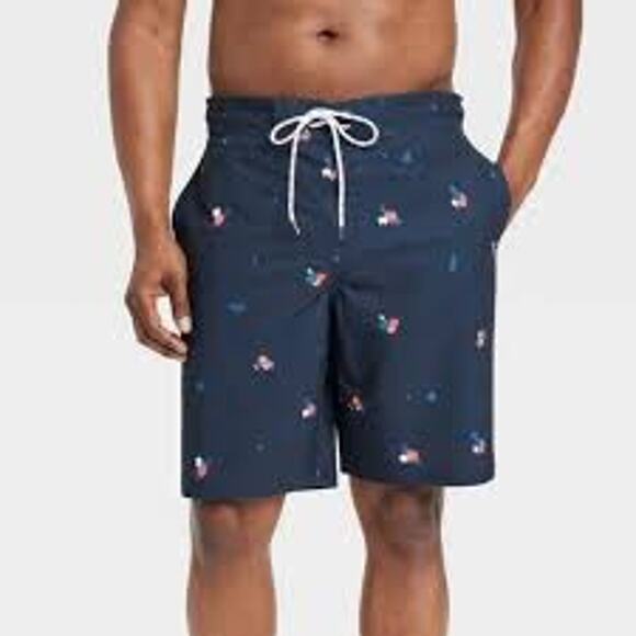 Goodfellow & Co. Men's Board Shorts - Med Navy Blue Tropical Print Swim Trunks - Picture 1 of 8